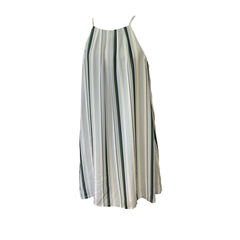 Fabrik Blue and Green Striped Tank Swing Spghetti Strap Trapeze Dress, Size M 🗣